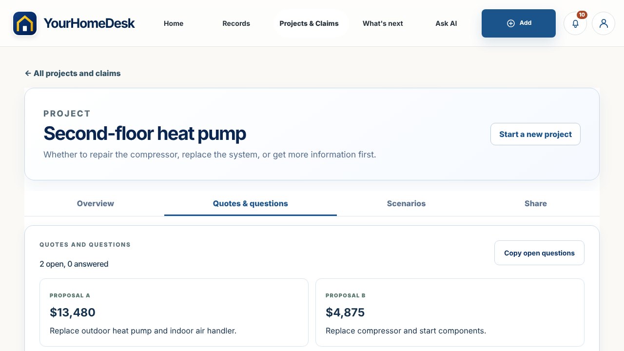 YourHomeDesk project view with two contractor quotes, prices, and open questions