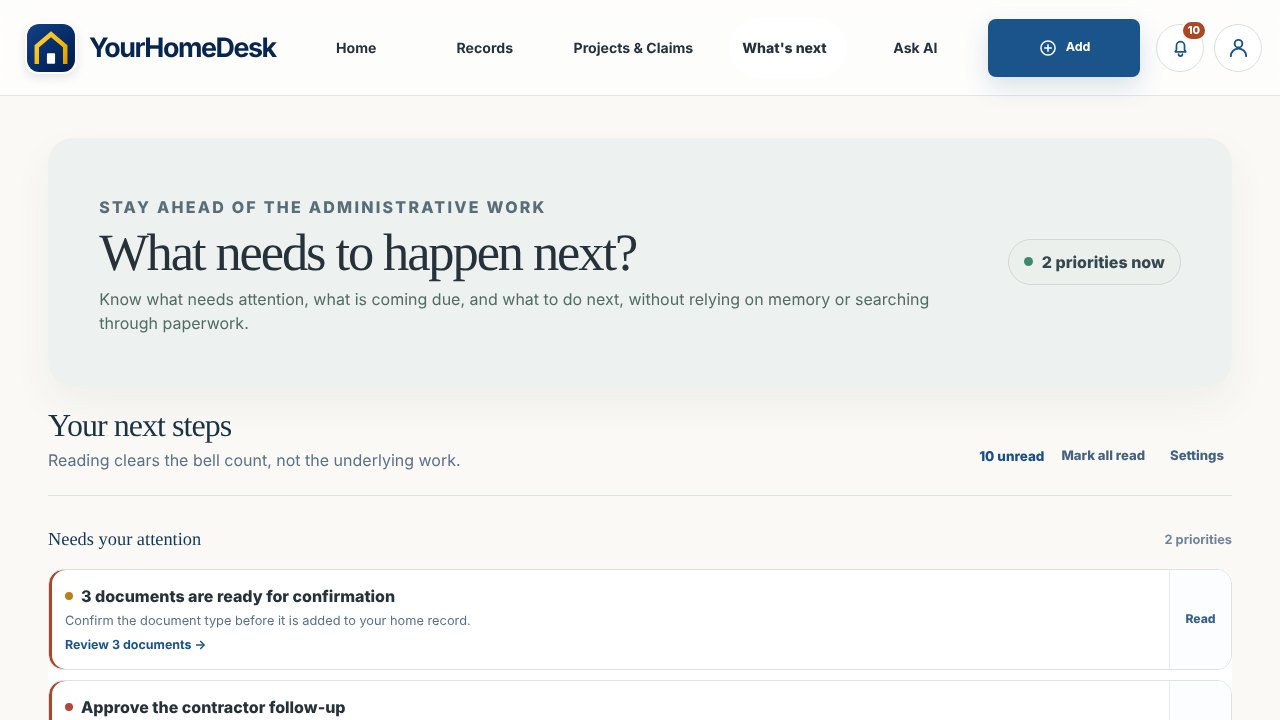 YourHomeDesk What's next view showing action items and upcoming dates